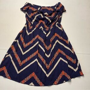 THREE PINK HEARTS Dress Strapless Sz M Elastic Waist Chevron Rayon Blue